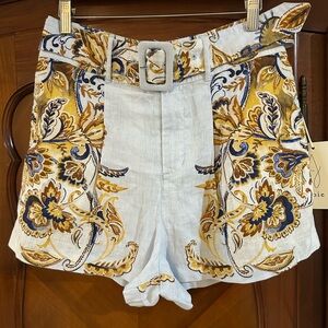 NWT Joie High Waist Brocade Linen Shorts Blue and Gold pleated front belted #865